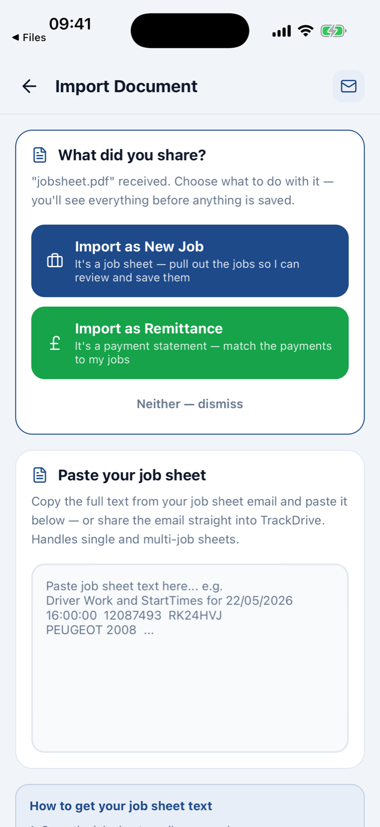 TrackDrive asking whether the shared document is a job sheet or a remittance