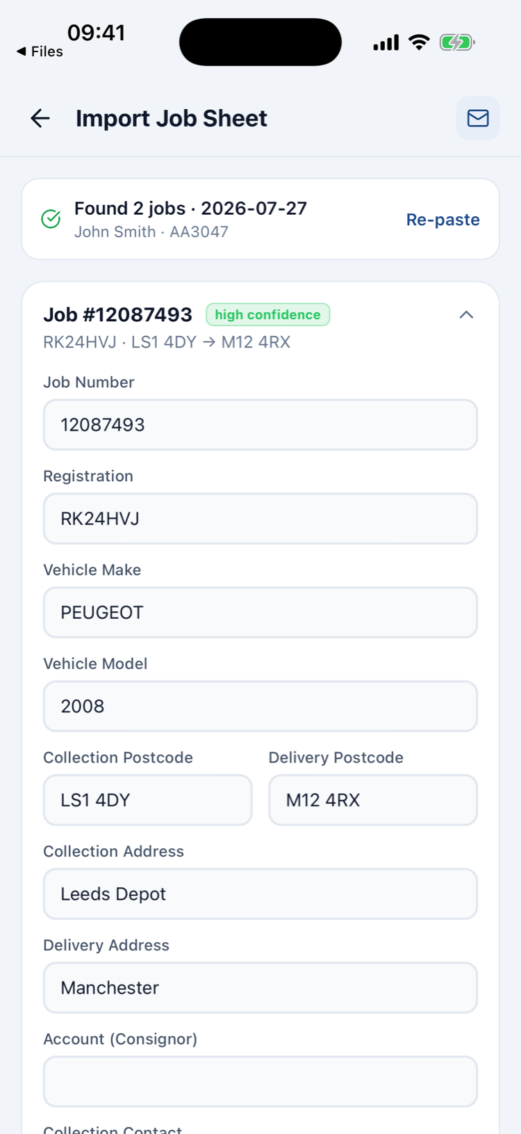 Parsed job details ready to review before saving