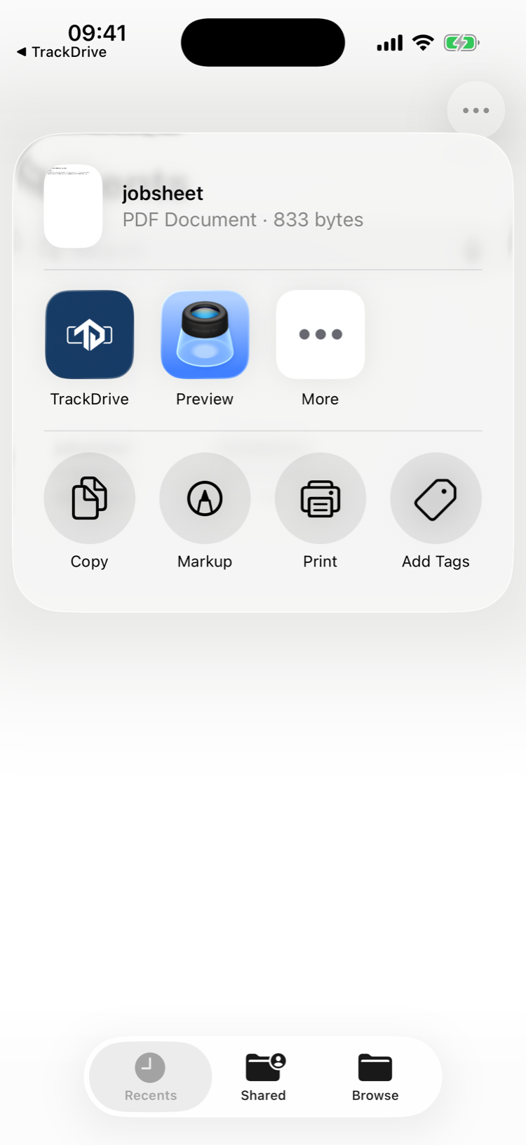 Sharing a job sheet PDF into TrackDrive from the iOS share sheet